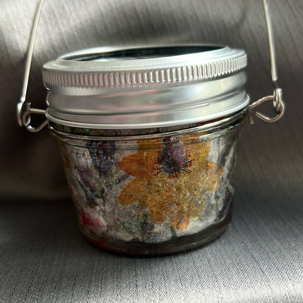 Mason Jars - Glass Jars With Solar Lights. Hand decorated By “Amada“